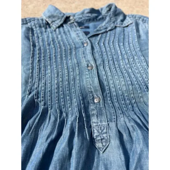 American Eagle Blouse Women Size‎ Medium Denim Jegging Fit Pleat Front Shirt - Picture 3 of 7